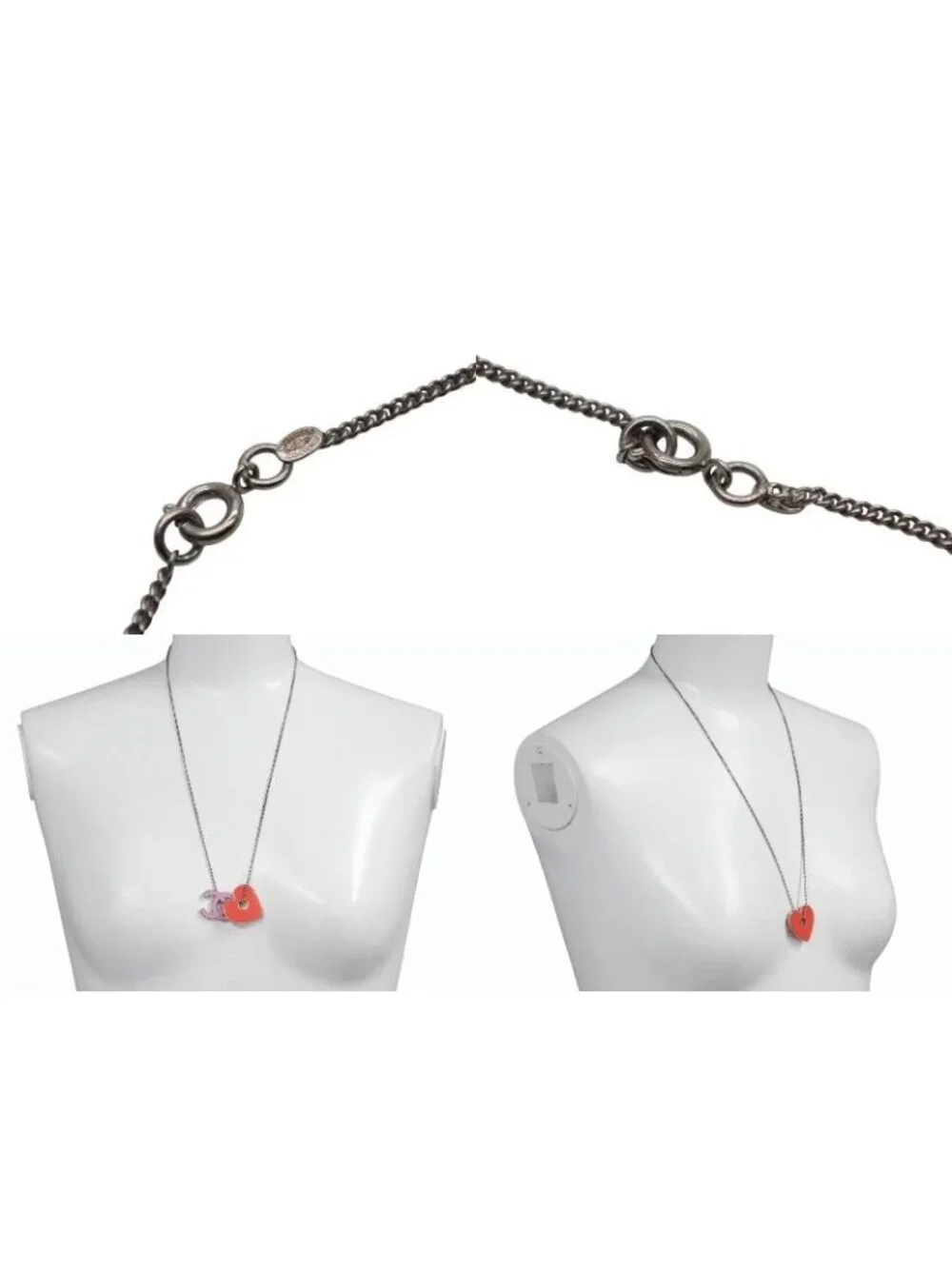 Chanel CC Logo Heart Necklace Metal Pink Red Silver